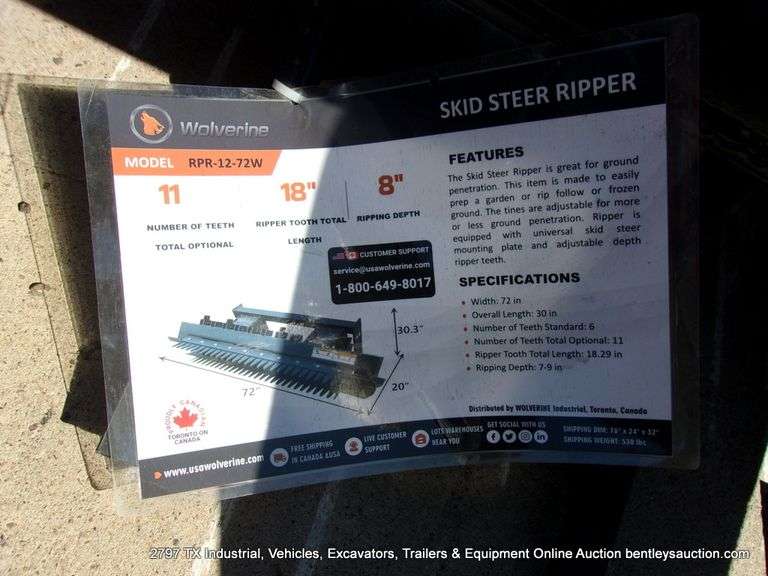 WOLVERINE SKID STEER 72” WIDE RIPPER, MODEL: RPR-12-72W, S/N: 2W-00639