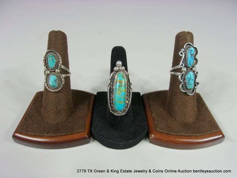 3 SOUTHWEST DESIGN SILVER & TURQUOISE RINGS: (1) 6.5, (2) 7.5 - 3 X MONEY