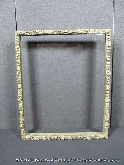 BLACK PAINTED W/ GOLD ACCENTS, CARVED ORNATE WOODEN FRAME 19 X 23