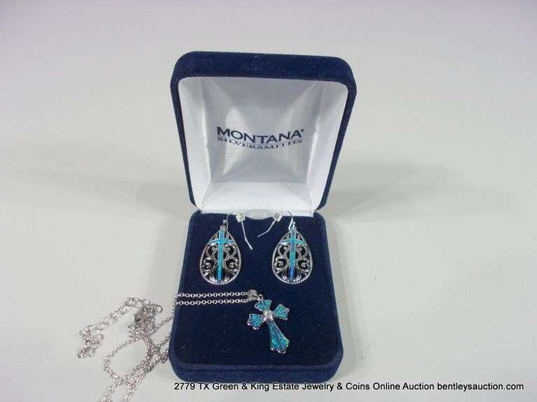 SET: MONTANA SILVER SMITHS - SILVER & OPAL CROSS PENDANT NECKLAS & EARRINGS