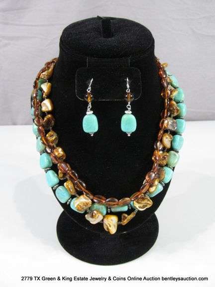 MATCHING SET: TALBOTS FASHION TURQUOISE STONE NECKLACE & EARRING SET