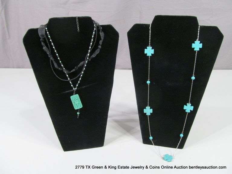 LOT: 2 FASHION TURQUOISE STONE NECKLACES - (1) BLACK SASH & SMALL BEAD, (1)CROSS STONES