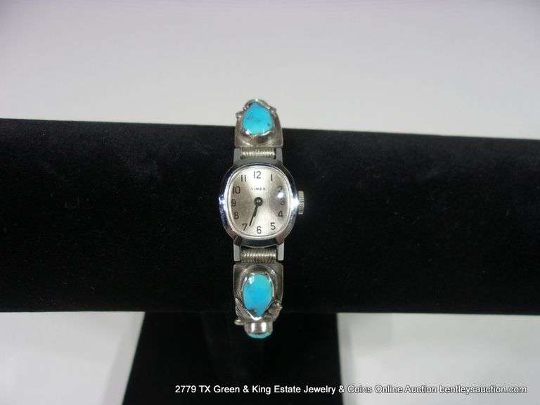 SOUTHWEST DESIGN SILVER & TURQUOISE BRACELET W/ TIMEX WATCH