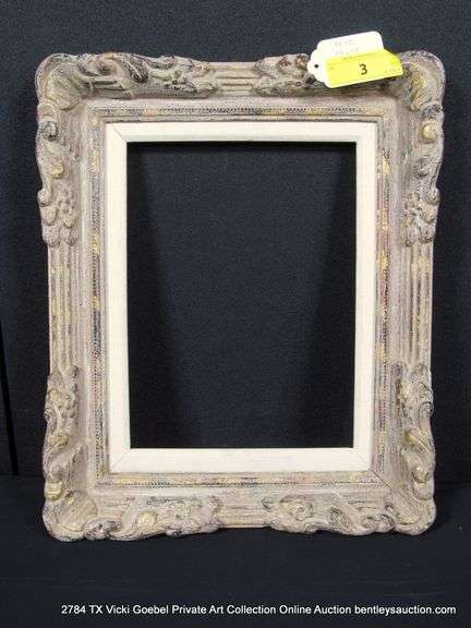 BEIGE WASHED + GOLD & BLACK ACCENTS, W/ LINEN INLAY, CARVED WOODEN FRAME 14 X 17