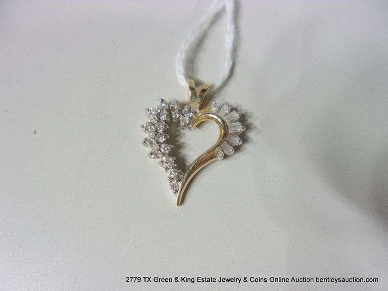 14K YELLOW GOLD HEART SHAPED PENDANT W/ SOLITAIRE & BAGUETTE DIAMONDS