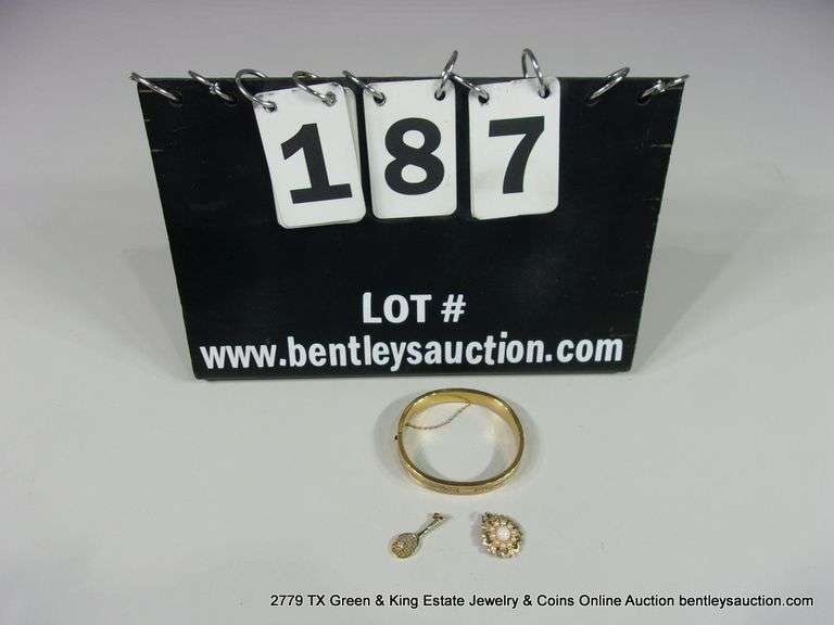 BAG OF ASSORTED JEWELRY: 12K GOLD FILLED BANGLE BRACELET (SAFTEY CHAIN BROKEN), 1-10K GOLD & DIAMOND