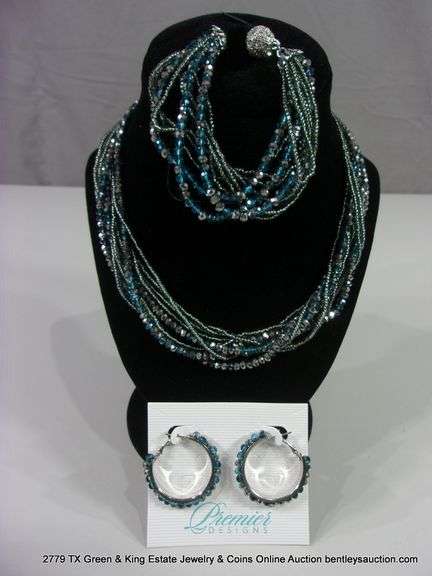 LOT 3: GLAMOUR SPARKLE BLUE & SILVER MULTI-STRAND BEADED NECKLACE, BRACELET, & EARRING SET