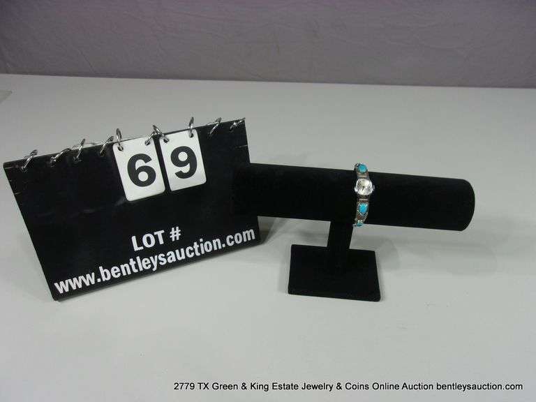 SOUTHWEST DESIGN SILVER & TURQUOISE BRACELET W/ TIMEX WATCH