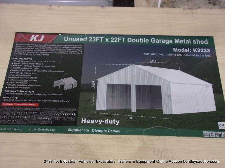 KJ ALLMETAL UNUSED DOUBLE GARAGE SHED, KJ MODEL: K2223, 23FT. X 22FT.