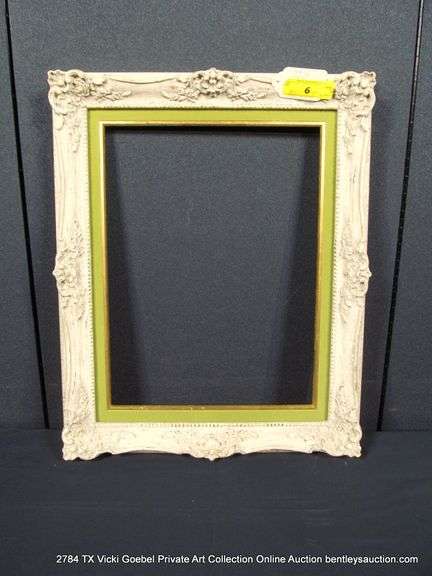 WHITE-WASH + GOLD ACCENTS, W/ GREEN VELVET INLAY, CARVED WOODEN FRAME 17 X 21