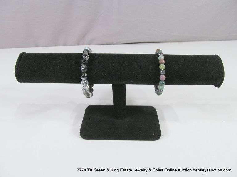 LOT 2: NATURAL POLISHED STONE ROUND BEADED BRACELETS