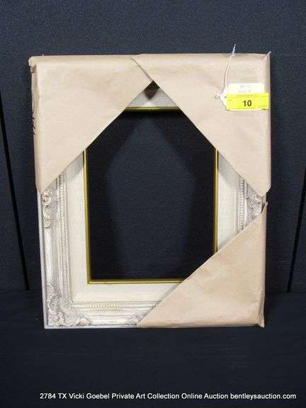 GREY + GOLD ACCENTS PAINTED, W/ LINEN INLAY, CARVED ORNATE WOODEN FRAME 16 X 19