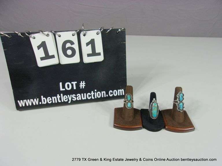 3 SOUTHWEST DESIGN SILVER & TURQUOISE RINGS: (1) 6.5, (2) 7.5 - 3 X MONEY
