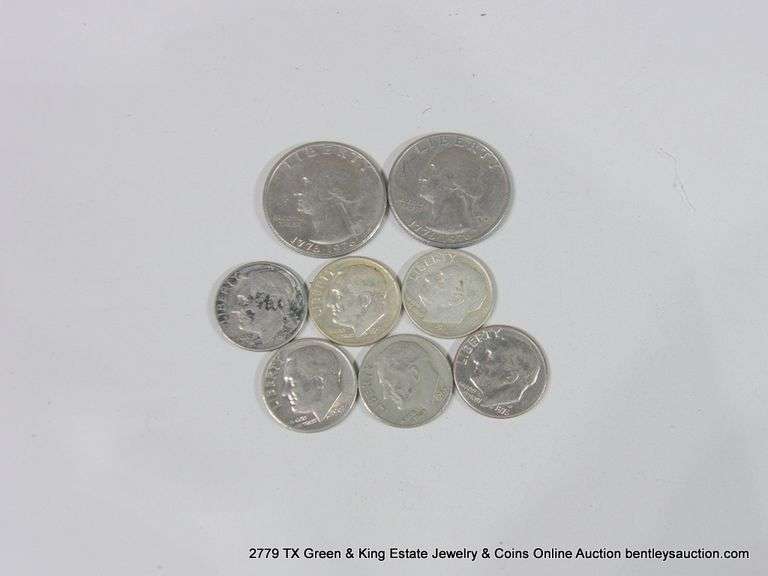 LOT 8 COINS: (6) ROOSEVELT DIMES, 1950'S, 1960'S, (2) BI-CENTENIAL WASHINGTON QUARTERS