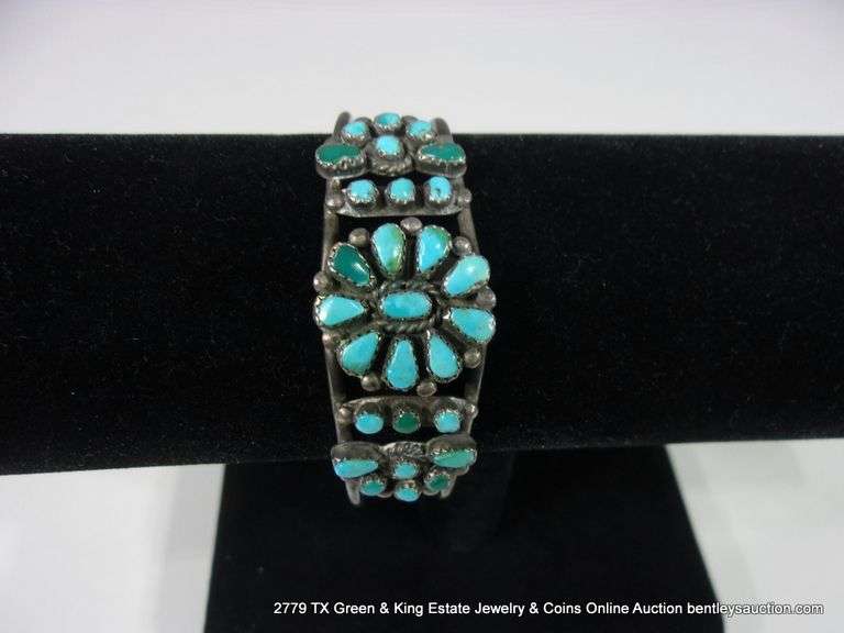 SILVER & MULTI-TONED TURQUOISE STONED BRACELET, SOUTHWEST FLORAL STYLE