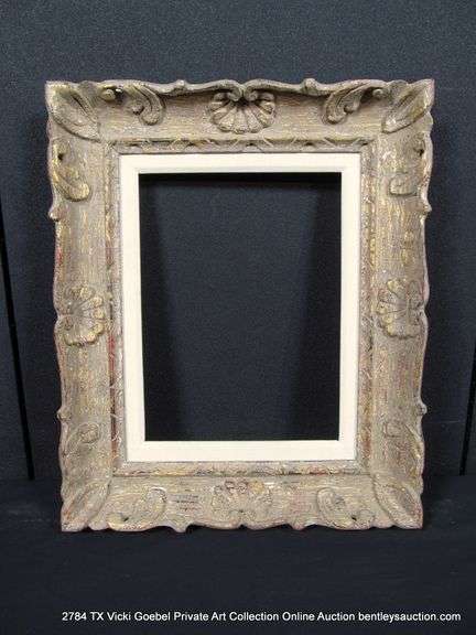 GREY WASHED + GOLD & RED ACCENTS, W/ WHITE LINEN INLAY, CARVED ORNATE WOODEN FRAME 15 X 18