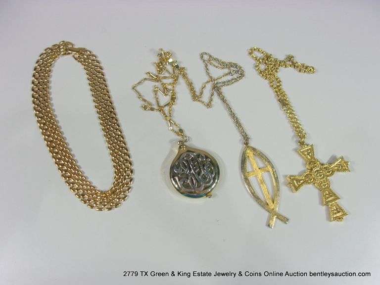 BAG: ASSORTED FASHION GOLD NECKLACES - CROSS, FISH & CROSS, MONOGRAM EYEGLASS