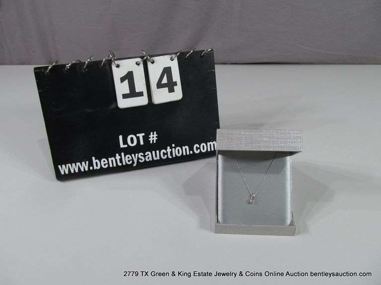 14K WHITE GOLD SIMPLE CHAIN NECKLACE W/ SINGLE DIAMOND DROP PENDANT