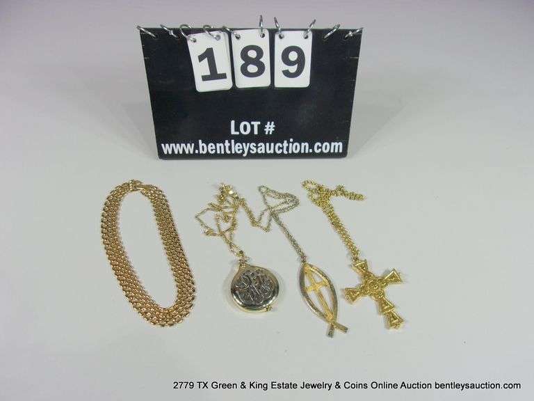 BAG: ASSORTED FASHION GOLD NECKLACES - CROSS, FISH & CROSS, MONOGRAM EYEGLASS