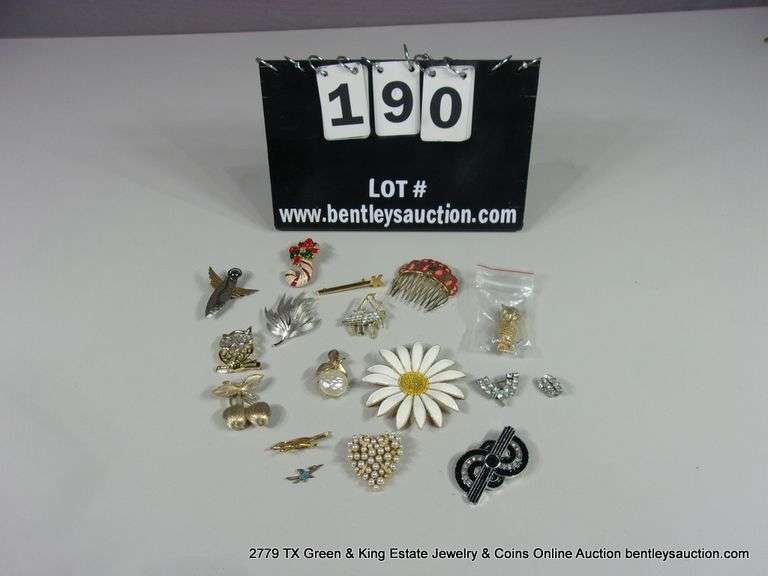 BAG: ASSORTED FASHION PINS - DAISY, OWLS, PIANO, CHERRIES, CANDY CANE, ROADRUNNERS