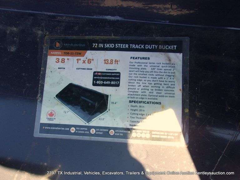 WOLVERINE SKID STEER TRACK DUTY 72” WIDE BUCKET, MODEL: TDB-11-72W, S/N: 2W-00382