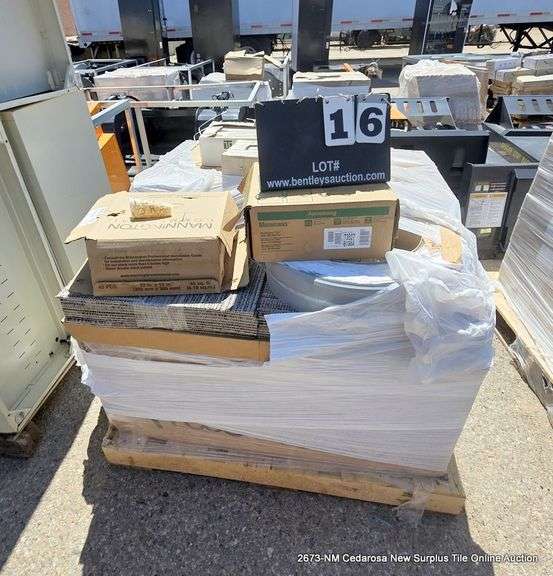 PALLET: ASSORTED SIZED - OYSTER WHITE TILES, CARPET TILES, RUBBER WALL BASE, ELECTRICAL SWITCH BOX