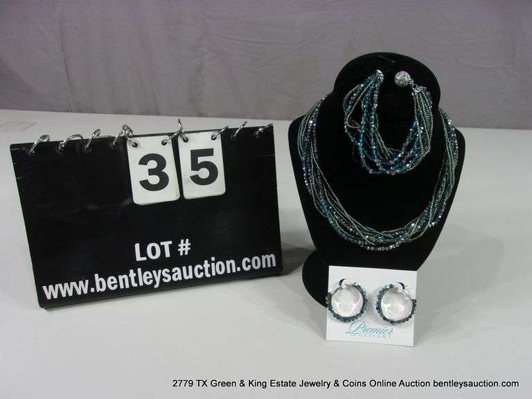 LOT 3: GLAMOUR SPARKLE BLUE & SILVER MULTI-STRAND BEADED NECKLACE, BRACELET, & EARRING SET