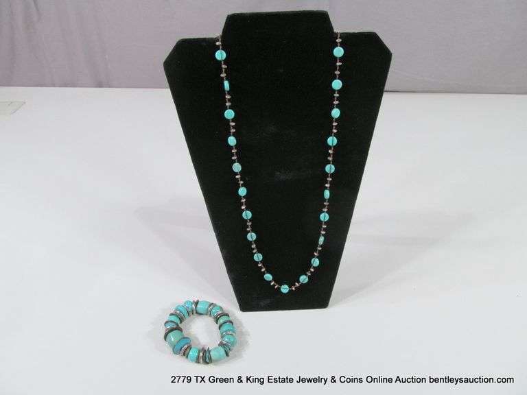 LOT 2: FASHION TURQUOISE FLAT BEAD NECKLACE & BRACELET