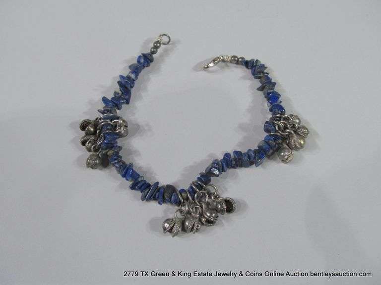 SOUTHWEST FASHION FLAT LAPIS STONE & SILVER BEADED BRACELET