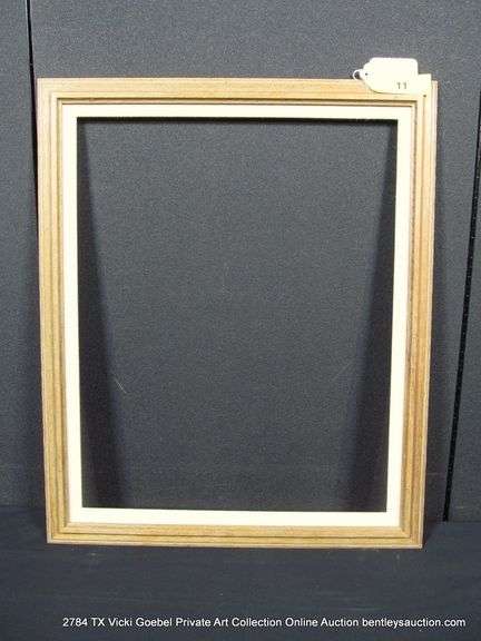 STAINED WALNUT, W/ LINEN INLAY, CARVED WOODEN FRAME 19 X 23