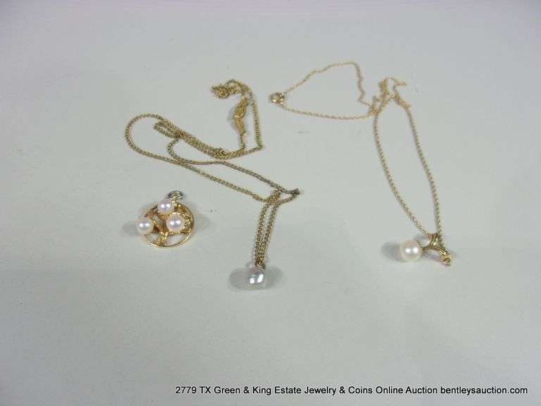 BAG: (1) 12K GOLD FILLED CHAIN W/ PEARL PENDANT, (1) GOLD CHAIN W/ PEARL PENDANT,