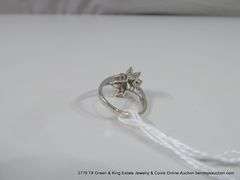 14K WHITE GOLD GARNET & DIAMOND FLORAL MOTIF ACCENT RING, SIZE 6.5