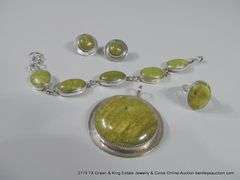 SOUTHWEST STYLE STERLING & LIGHT GREEN TURQUOISE STONE JEWELRY SET: EARRINGS, RING, BRACELET, PENDAN