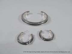 MATCHING SET: SILVER TONED BRACELET & EARRINGS W/ BLACK LEATHER GROOVE INLAY