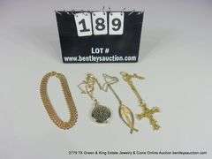 BAG: ASSORTED FASHION GOLD NECKLACES - CROSS, FISH & CROSS, MONOGRAM EYEGLASS