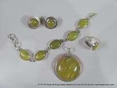 SOUTHWEST STYLE STERLING & LIGHT GREEN TURQUOISE STONE JEWELRY SET: EARRINGS, RING, BRACELET, PENDAN