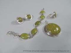 SOUTHWEST STYLE STERLING & LIGHT GREEN TURQUOISE STONE JEWELRY SET: EARRINGS, RING, BRACELET, PENDAN
