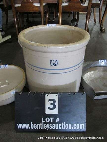 10 GALLON WHITE/BLUE STRIPE CROCK JUG