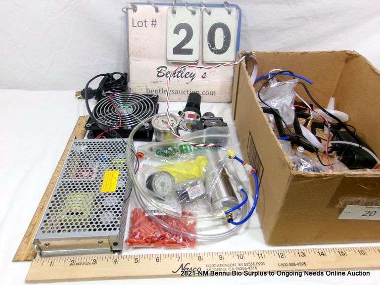 BOX: MISC SMALL LAB HOSES, REGULATORS, FAN, POWER SUPPLY