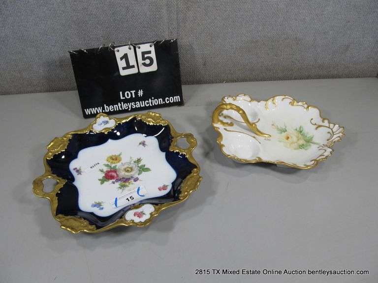LOT: (2) AK KAISER BLUE/GOLD/FLORAL PORCELAIN SQUARE PLATE, GIRAUD LIMOGES, FRANCE DIVIDED CONDIMENT