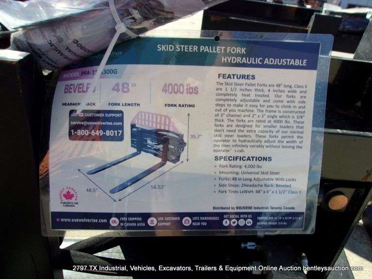 WOLVERINE SKID STEER PALLET FORK HYDRAULIC ADJUSTABLE MODEL: PFA-11-3300G