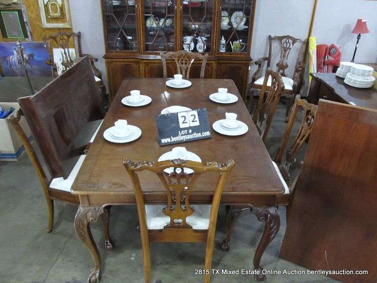 (TOTAL 9-PIECE) MAHOGANY CHIPPENDALE-STYLE DINING SET - 1-TABLE W/ 2 LEAVES, 8-DINING