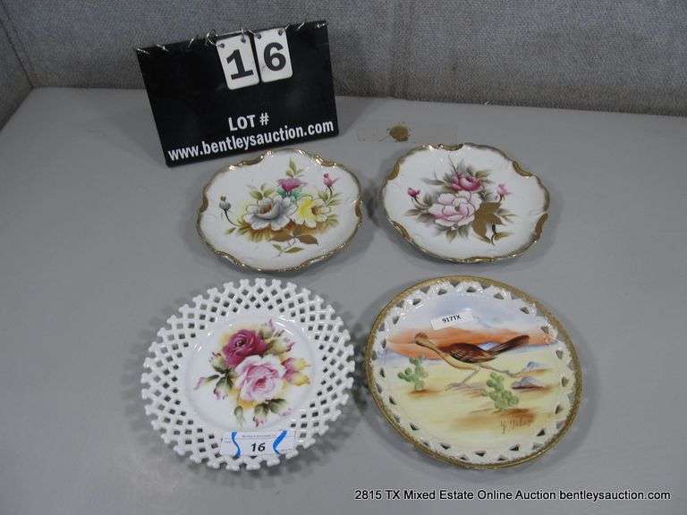 LOT" (4) HAND PAINTED PORCELAIN PLATES - 3-ROSE PAINTED, 1-ROADRUNNER