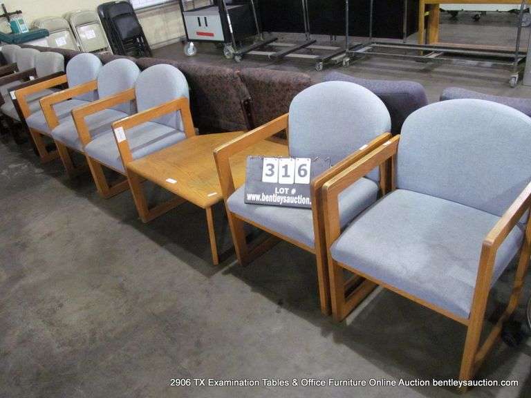 5 - UPHOLSTERED SIDE CHAIRS W/ ATTACHED TABLE, 5 X MONEY