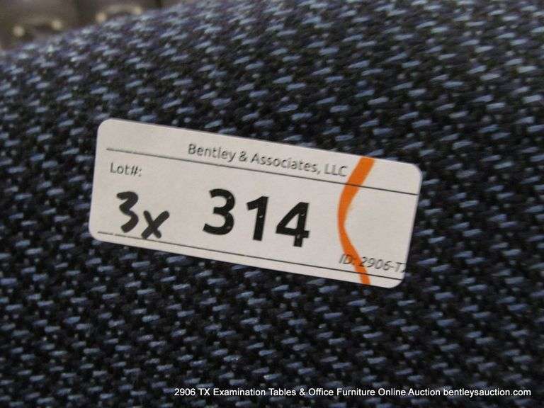 3 - OFFICE STOOLS, BLUE PATTERNED UPHOLSTERY, 3 X MONEY