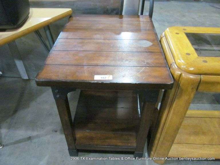 DARK STAINED WALNUT END TABLE W. METAL JOINT BRACINGS, 20" X 26" X 25"