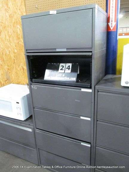 MERIDIAN 30" X 20" X 76" GRAY LATERAL STEEL FILE W/ 2 FLIP-UP CABINETS & 4-LOCKED DRAWERS - NO KEY