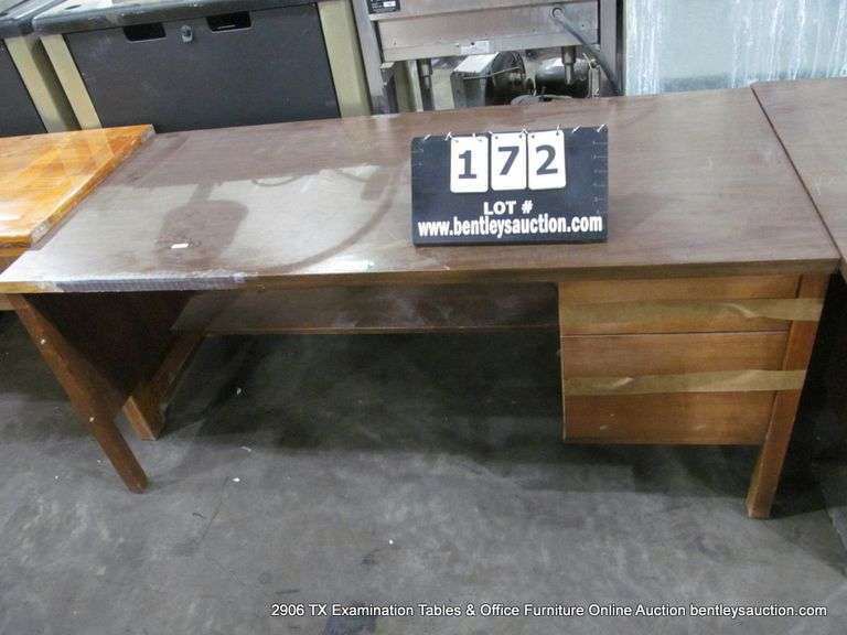 DARK STAINED WOODEN MID-CENTURY OFFICE DESK W/ 2 STORAGE DRAWERS, 66" X 30" X 29-1/4"