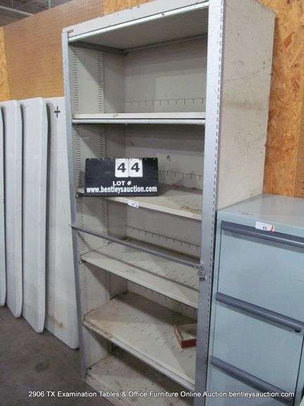 TAB 36" X 18" X 83" TAN 5-SHELF FLIP-UP CABINET W/ EXTERIOR LATCH - MISSING 2-FLIP-UP CABINET DOORS