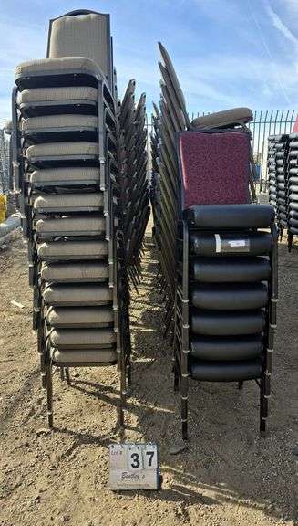 7-BERTOLINI METAL FRAME STACKABLE BANQUET CHAIRS - RED, 13-COMFORT FOAM STACKABLE CHAIRS - BROWN (20